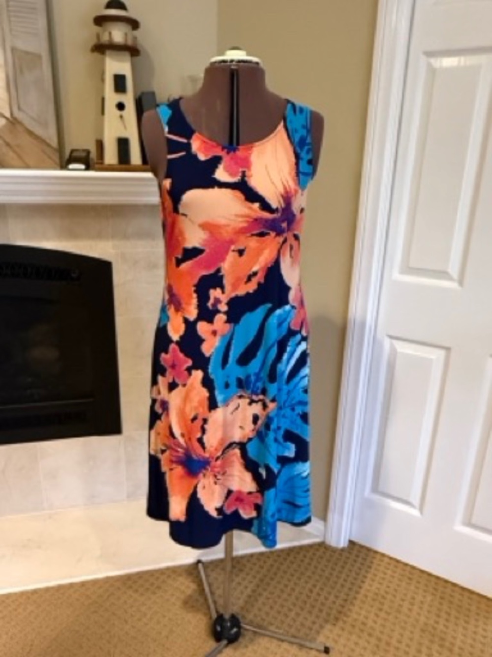 Chico’s Navy Floral Sleeveless A-Line Dress Coral Blue Size 0